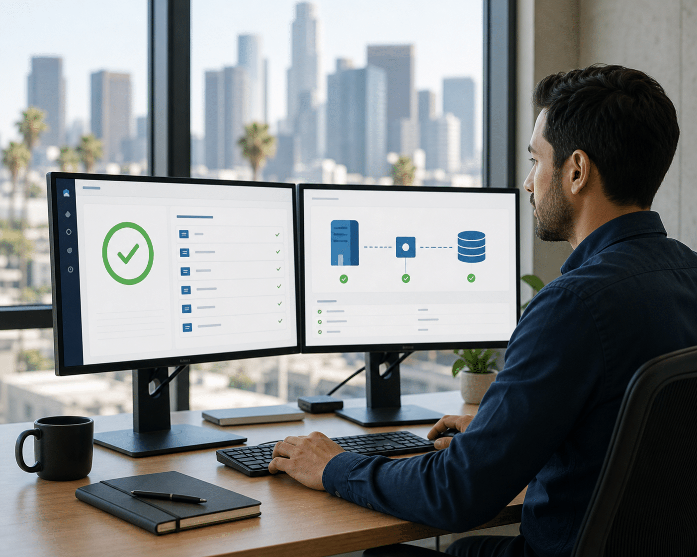 IT professional verifying completed data backups and secure off-site replication for a Los Angeles business