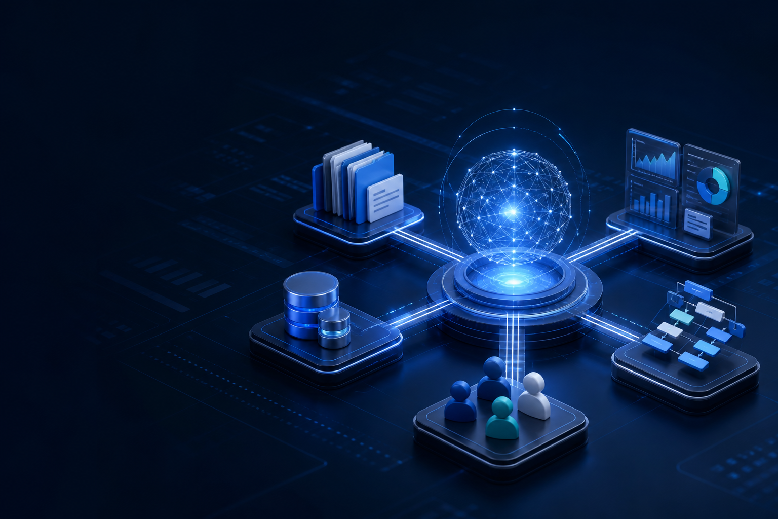 Business AI system connecting people, information, data, analytics, and workflows