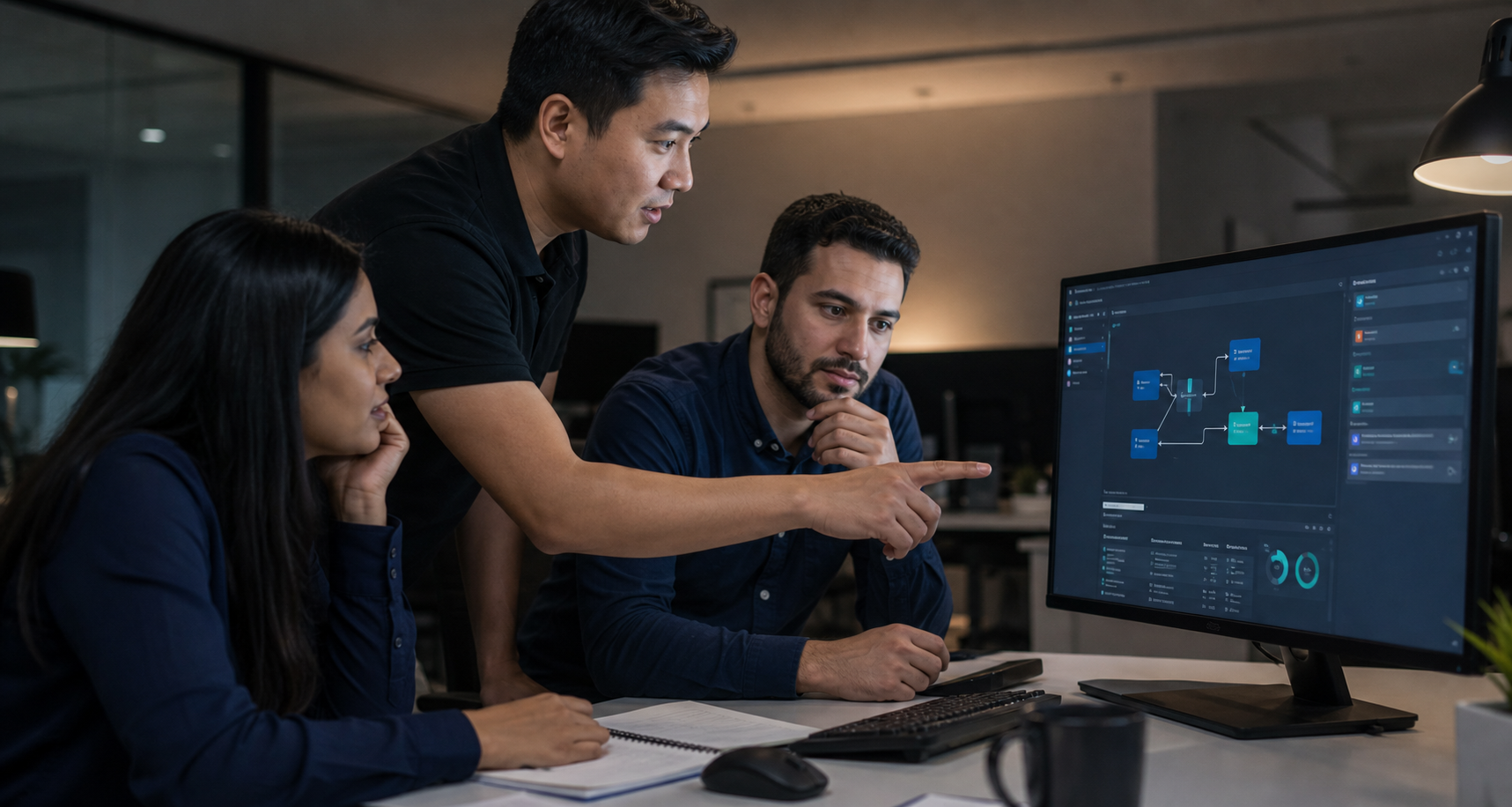 Business employees and an STG technology consultant reviewing an AI-assisted workflow together