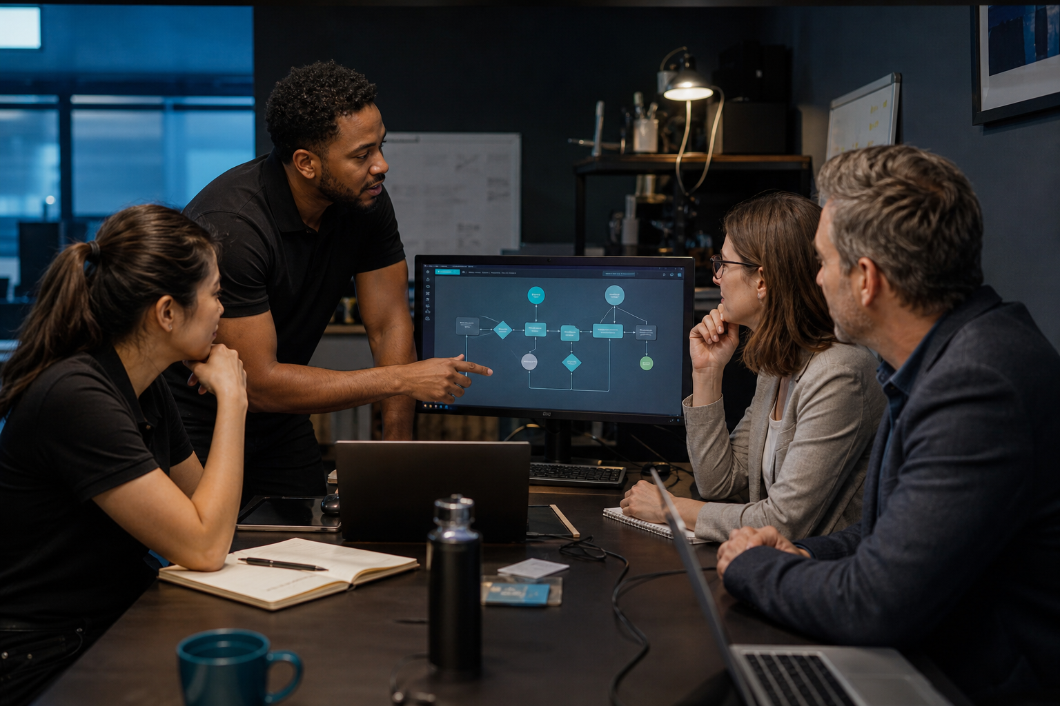 STG Infotech consultants and business leaders reviewing an AI workflow together