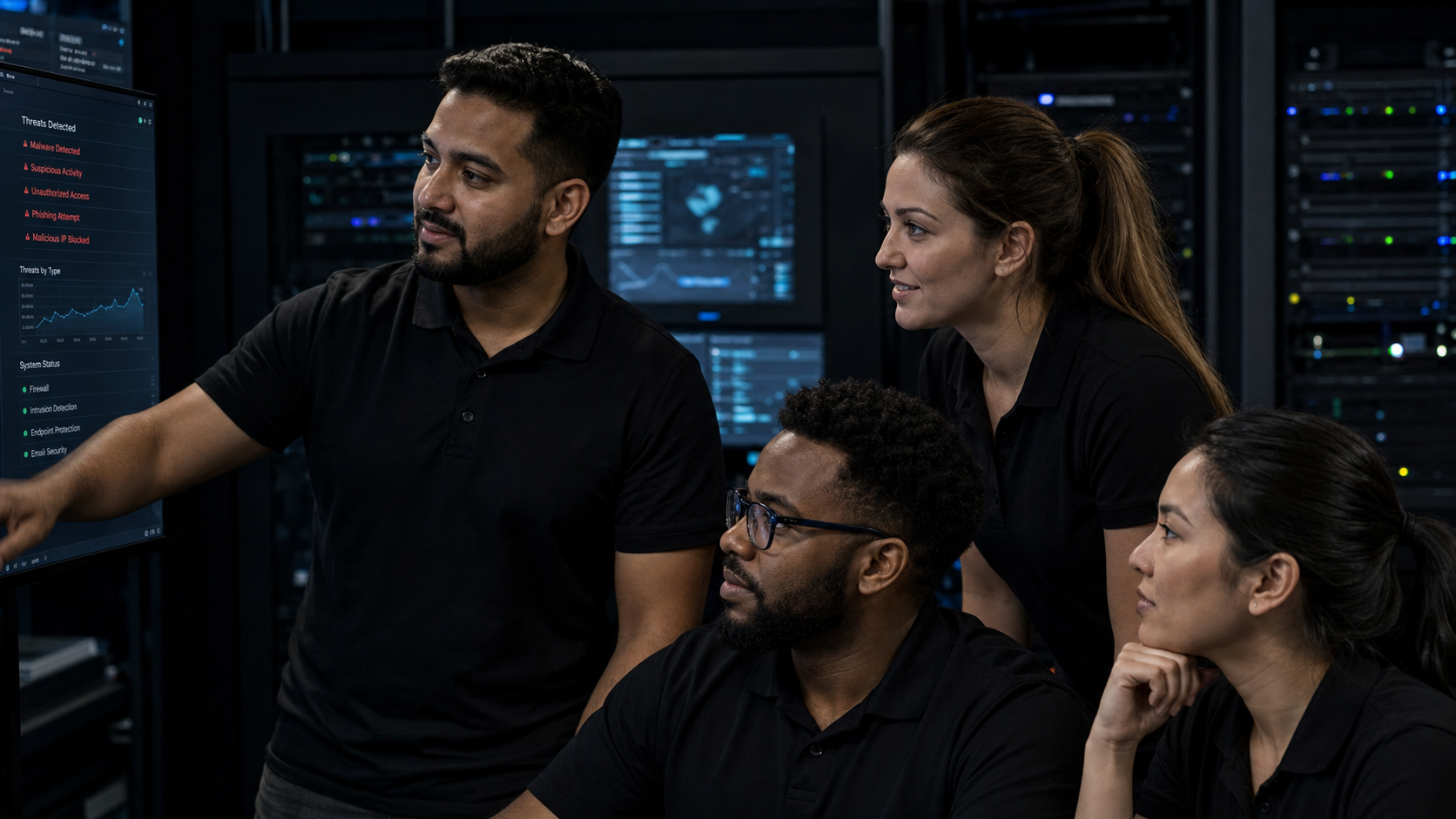 STG cybersecurity team monitoring security systems in a dark technical operations office