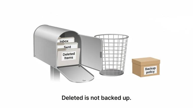 A mailbox, an empty recycle bin, and a separate backup box. Deleting Microsoft 365 email is not a Microsoft 365 backup.