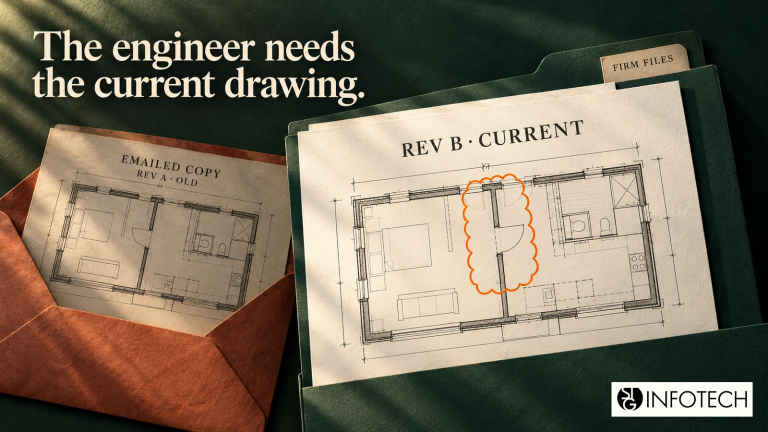 An emailed older floor-plan revision beside the current revision in the firm folder.