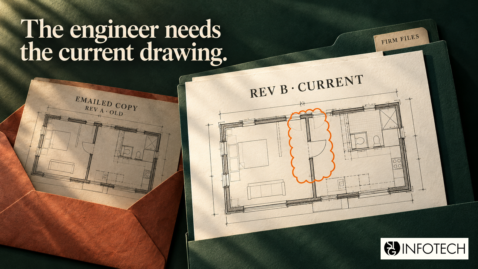 An emailed older floor-plan revision beside the current revision in the firm folder.
